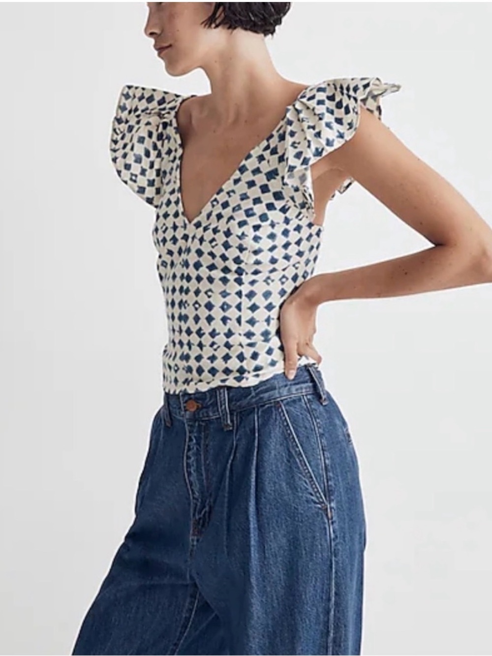 Madewell Shibori Blue & White Printed Ruffle-Sleeve top size small
